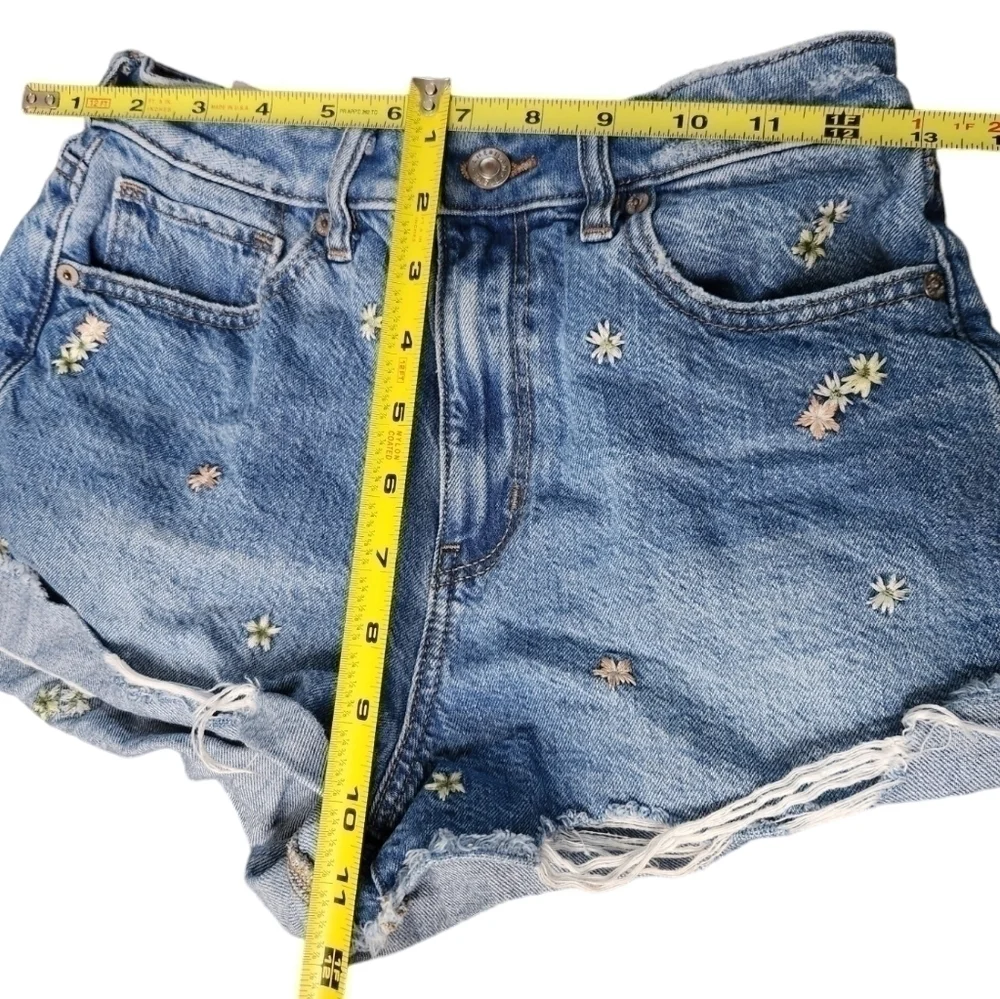 American Eagle High Rise Floral Embroidered Distressed Denim Mom Shorts